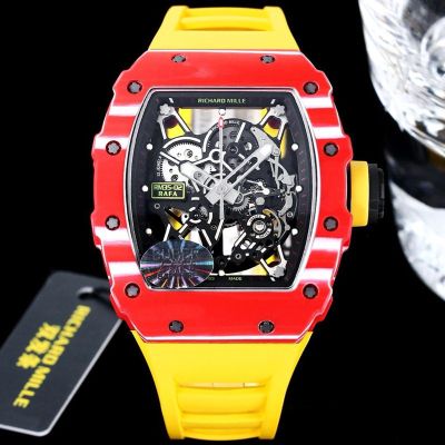 RICHARD MILLE Skeleton Watch RM35-02 Rafael Nadal  Red Quartz Fiber Yellow Rubber Watch